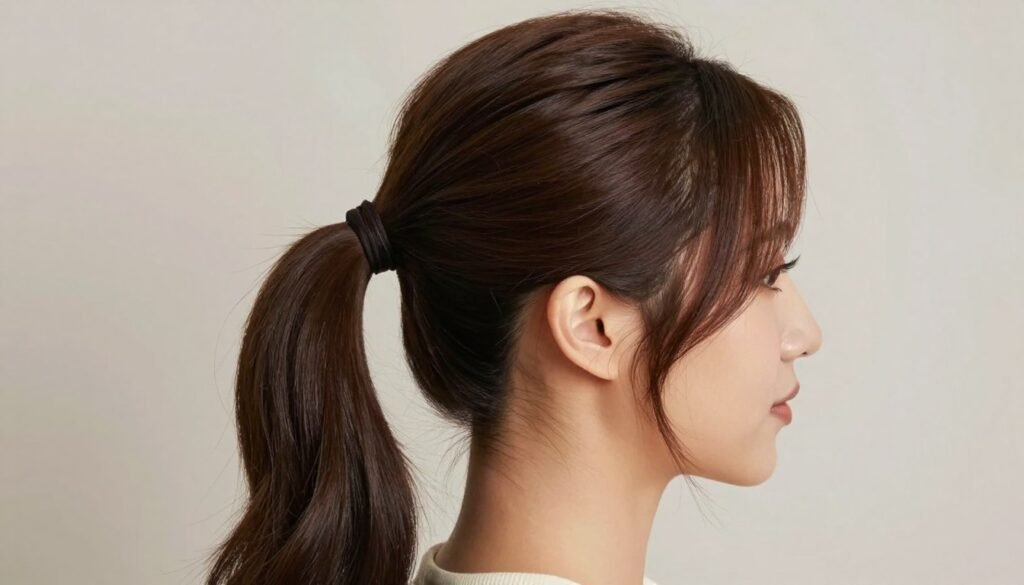 Sleek low ponytail with side part for medium length hair