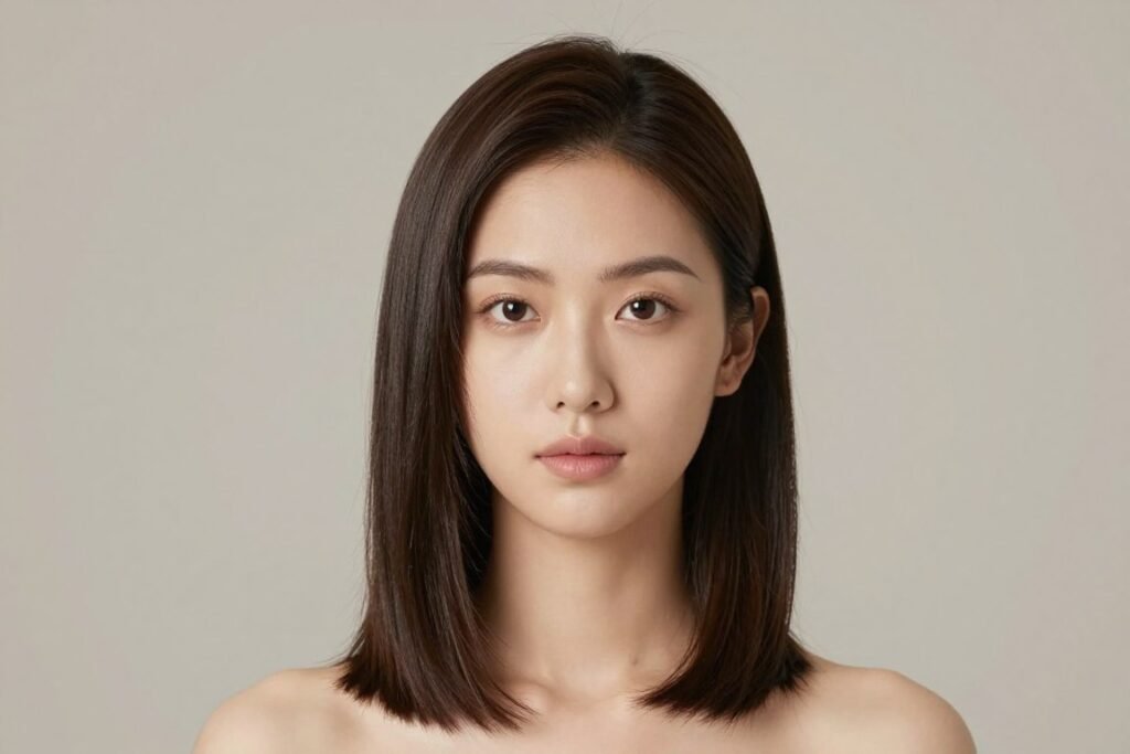 Sleek straight medium length hair with center part