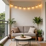 Small apartment balcony with a comfortable loveseat, small coffee table, and string lights creating a cozy atmosphere