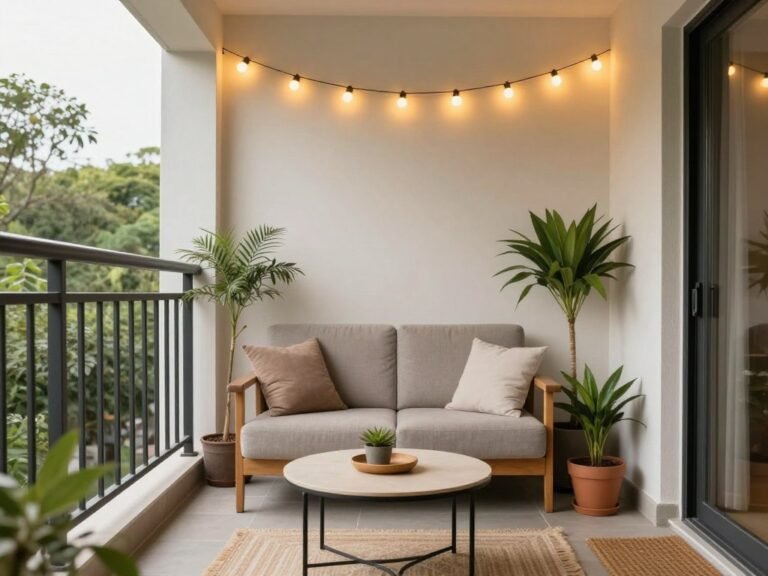 Small apartment balcony with a comfortable loveseat, small coffee table, and string lights creating a cozy atmosphere