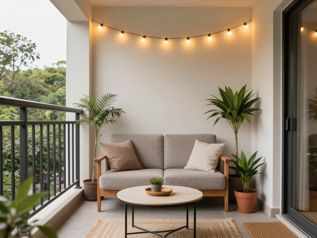 Small apartment balcony with a comfortable loveseat, small coffee table, and string lights creating a cozy atmosphere