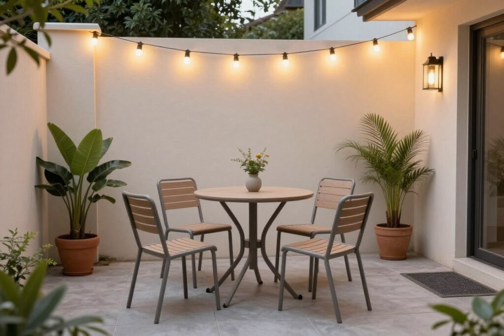Small backyard patio with bistro set, string lights, and potted plants creating a cozy outdoor room