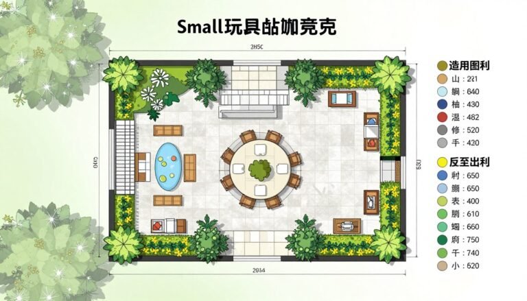 Small backyard planning diagram showing different zones for relaxation, dining, and gardening on a budget
