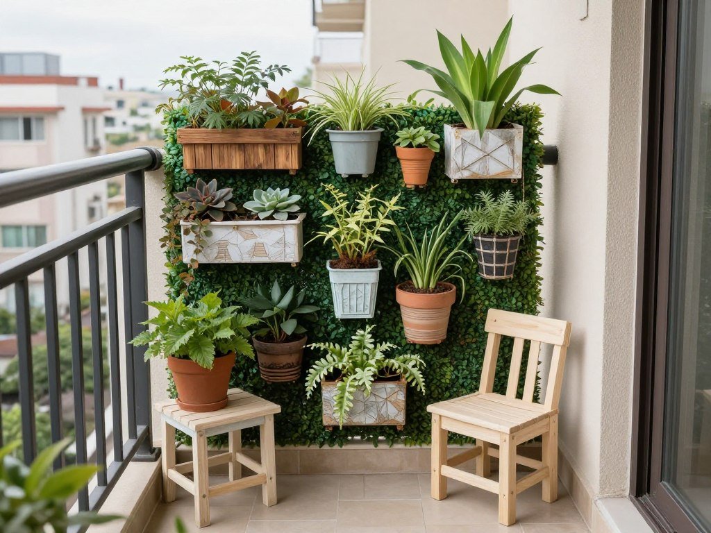 Small balcony with DIY vertical garden using recycled materials