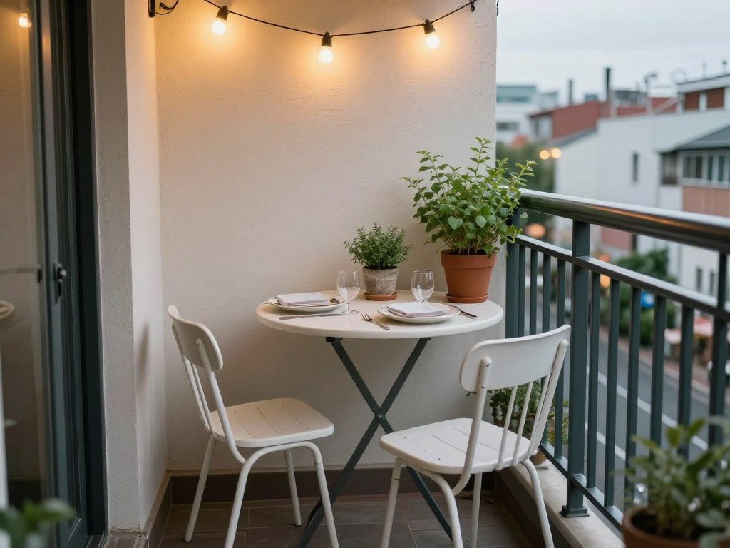 Small balcony with compact dining setup for two people
