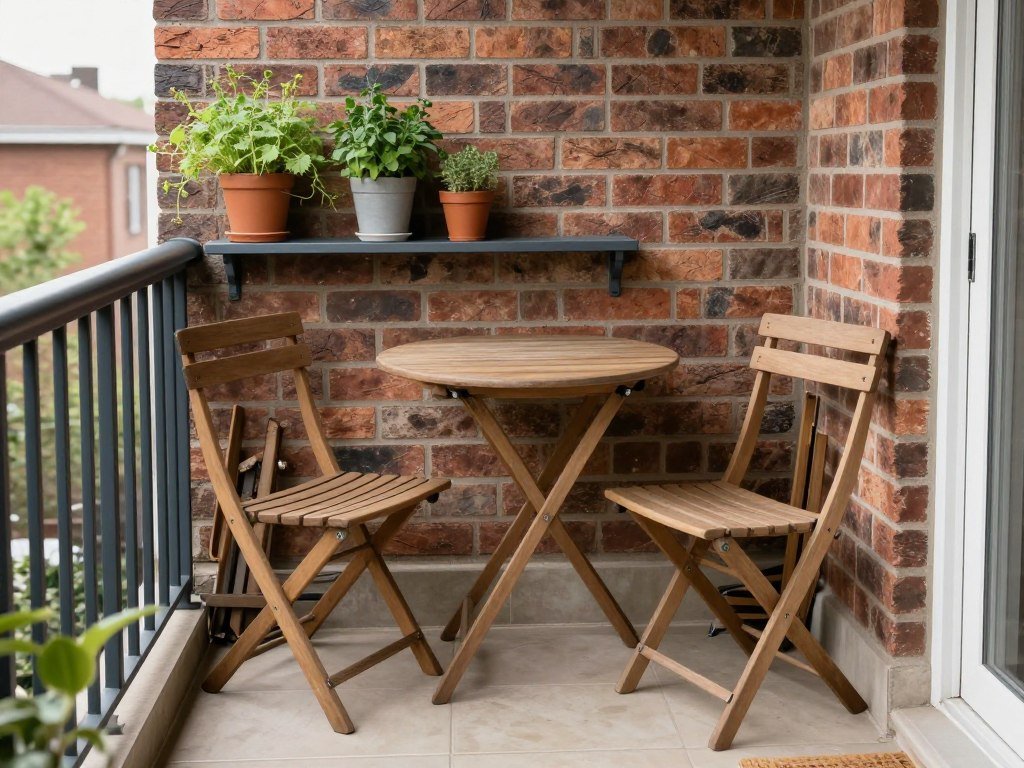Small balcony with folding chairs and table that can be collapsed when not in use