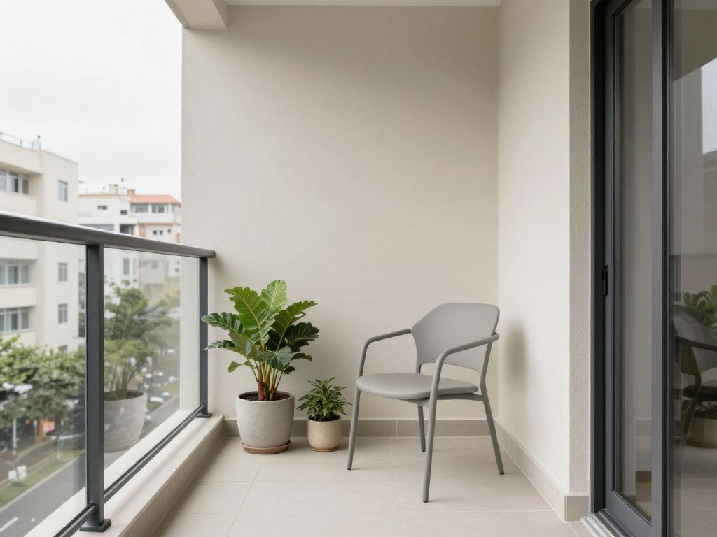 Small balcony with minimalist design featuring clean lines and selected plants