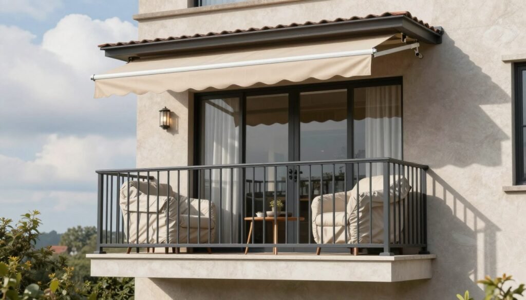 Small balcony with weather protection features Small balcony with weather protection features