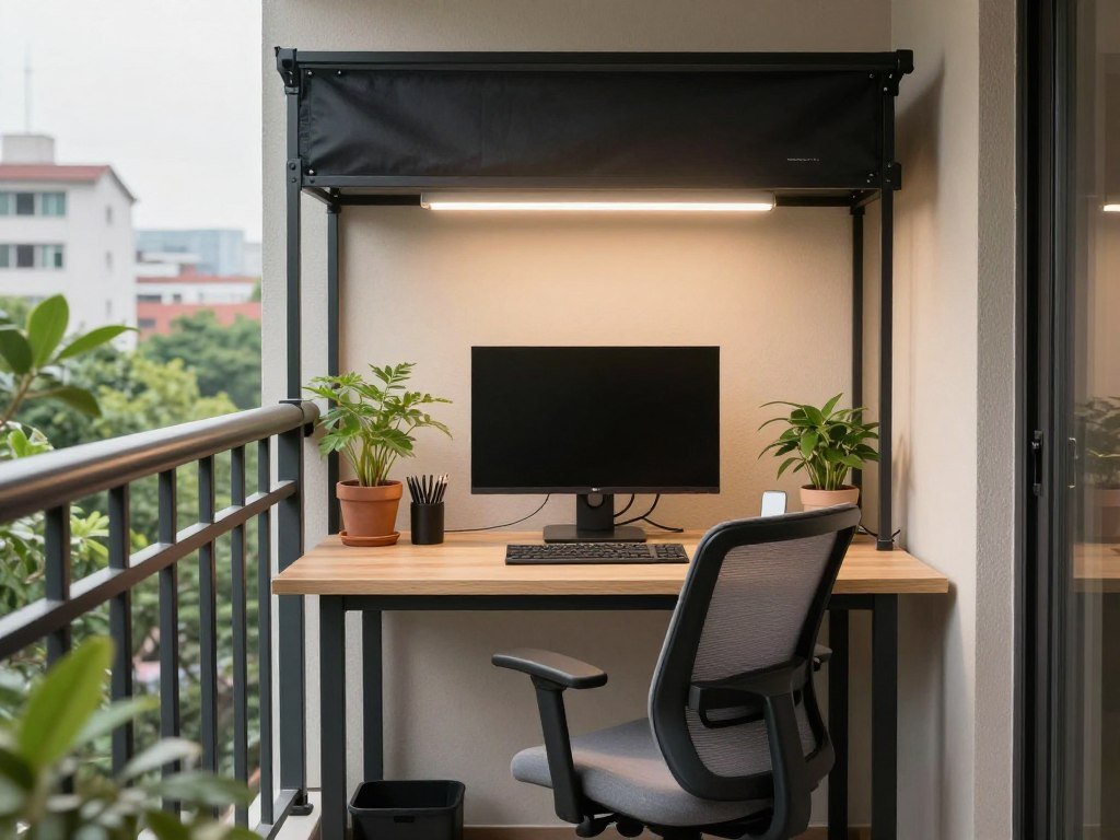 Small balcony workspace with shade solution and ergonomic setup