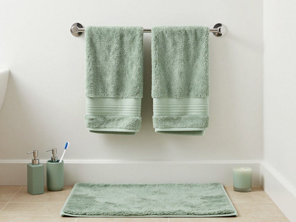 Small bathroom with coordinated textiles including plush towels, bath mat, and accessories