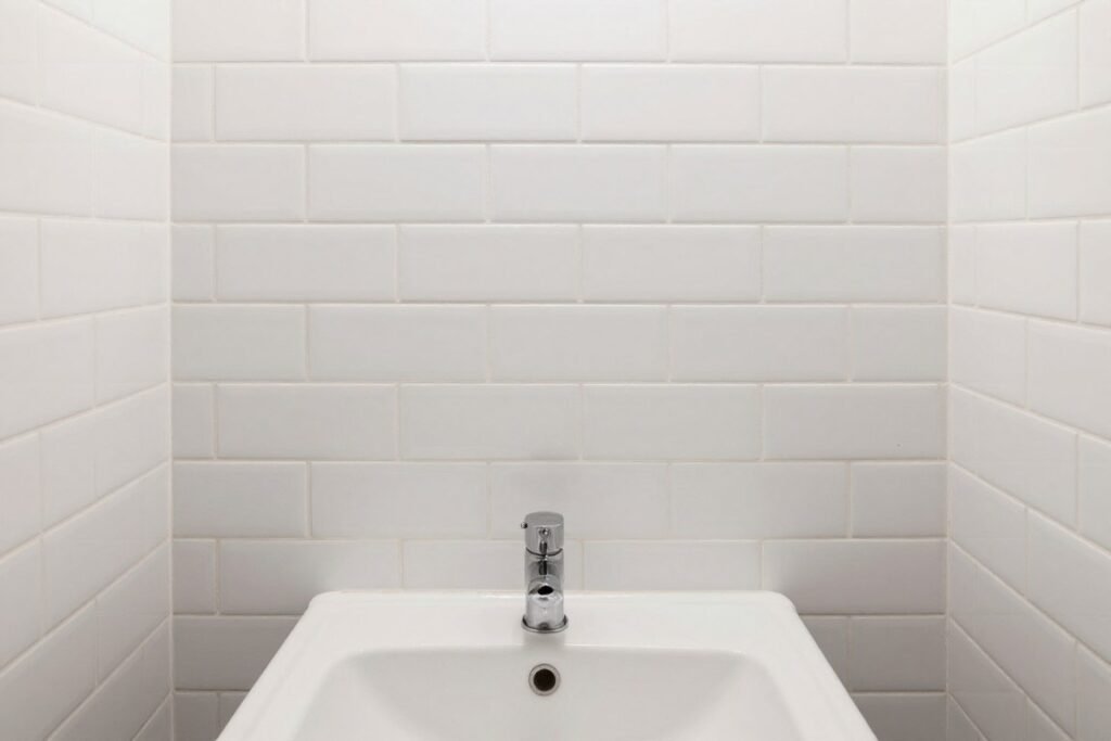 Small bathroom with peel-and-stick subway tiles installed as a backsplash behind the sink
