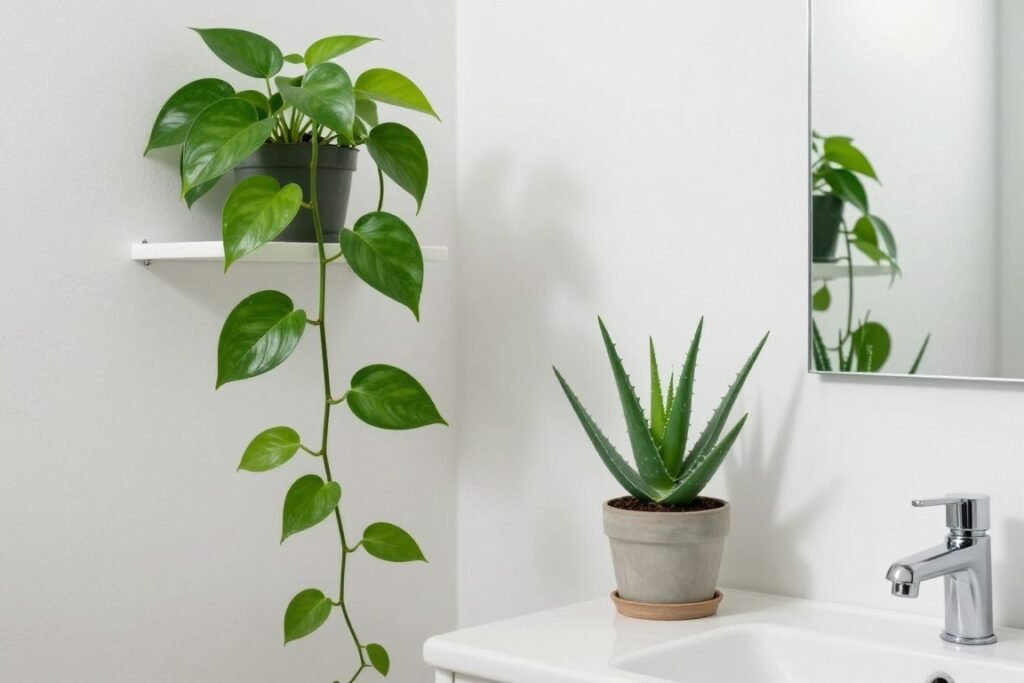 Small bathroom with pothos and aloe plants thriving in the humid environment