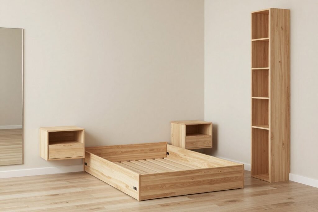 Small bedroom with space-saving furniture and vertical storage