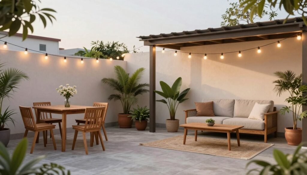 Small budget patio divided into dining and lounge zones with simple furniture