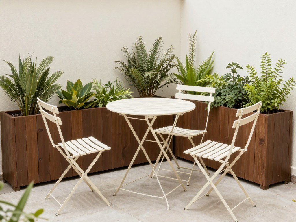 Small budget patio with folding furniture and vertical planters