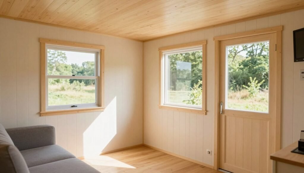 Small cabin interior with excellent natural light through strategic window placement