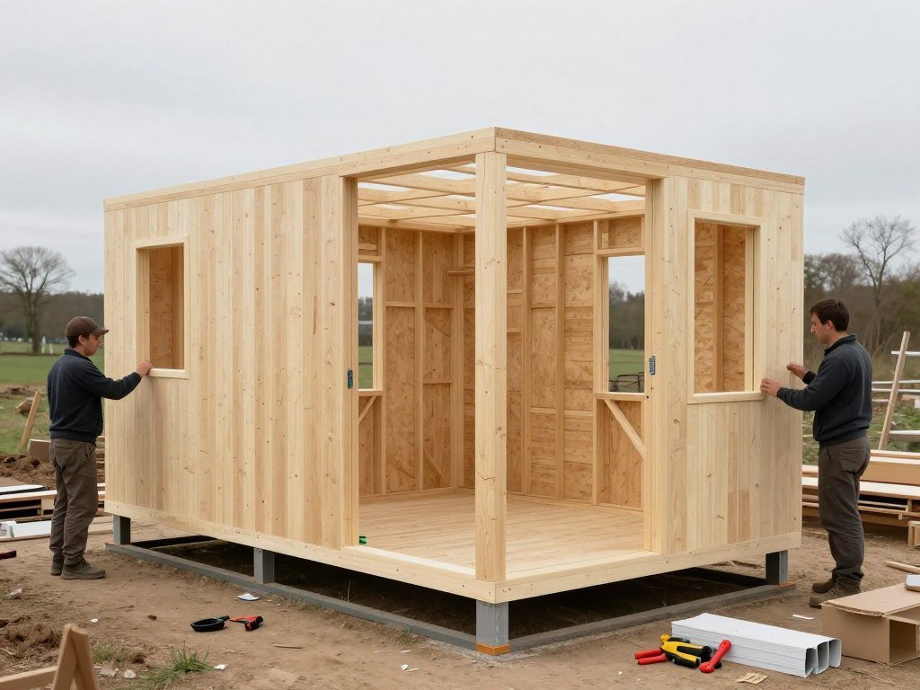 Small cabin kit being assembled on a budget-friendly foundation