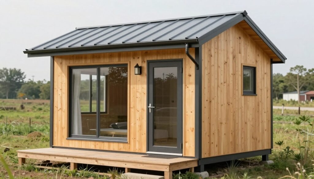 Small cabin with passive solar design features and rainwater collection system