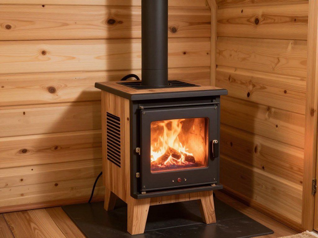 Small efficient wood stove heating a budget cabin interior