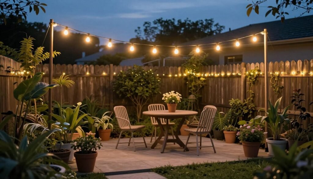 Small garden at dusk with string lights creating a magical atmosphere