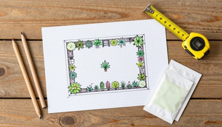 Small garden layout planning with graph paper, pencil, and measuring tape on a wooden table