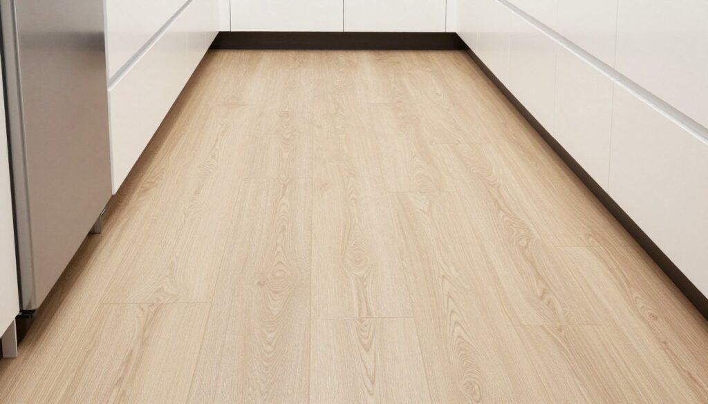 Small kitchen with budget-friendly vinyl plank flooring in a light wood pattern