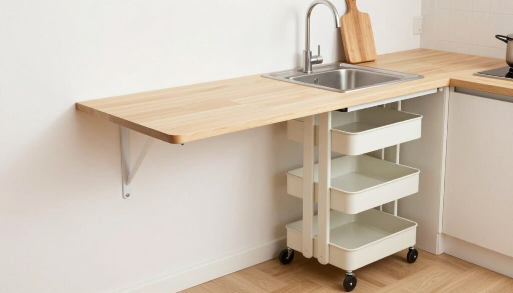 Small kitchen with fold-down counter extension and cutting board over sink