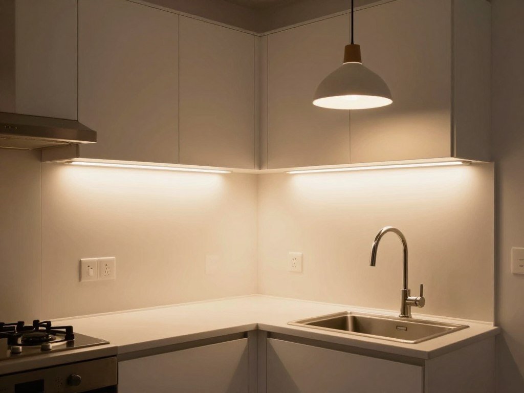 Small kitchen with under-cabinet lighting and a simple pendant light