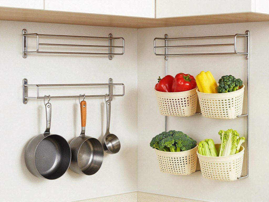 Small kitchen with vertical storage solutions including wall-mounted racks and magnetic strips