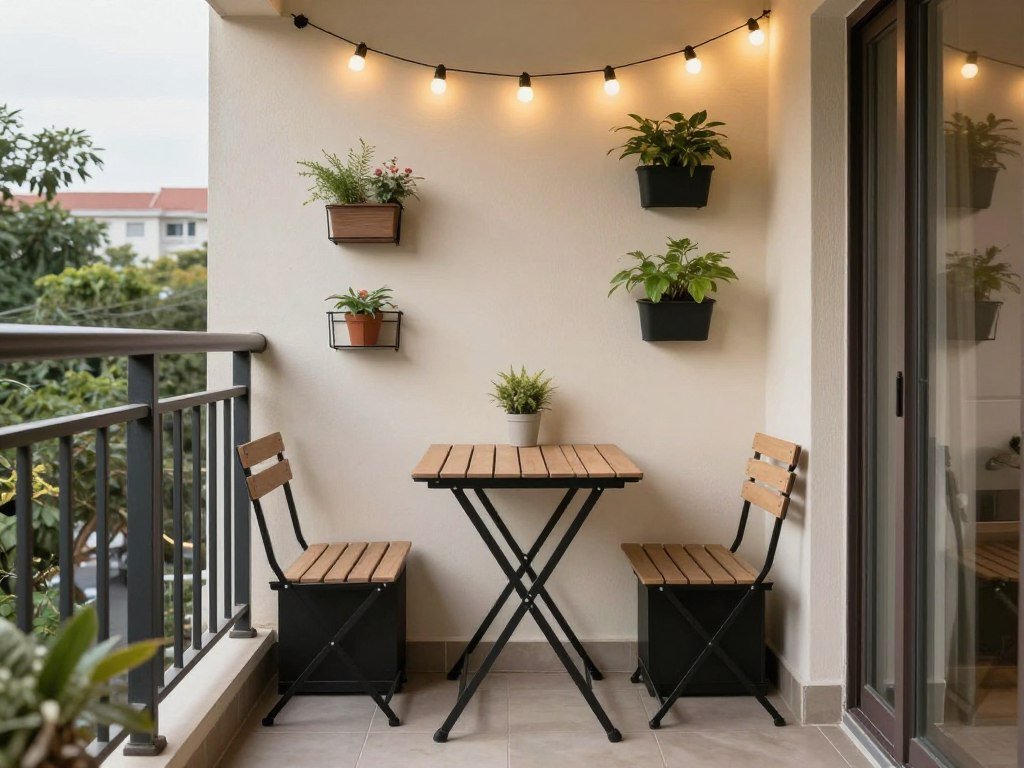Small patio with space-saving furniture and vertical elements to maximize limited square footage