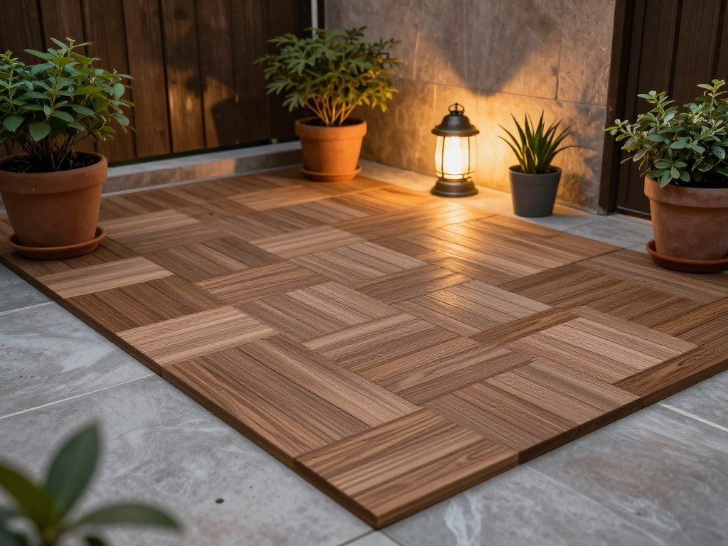 Small patio with wooden interlocking deck tiles and potted plants