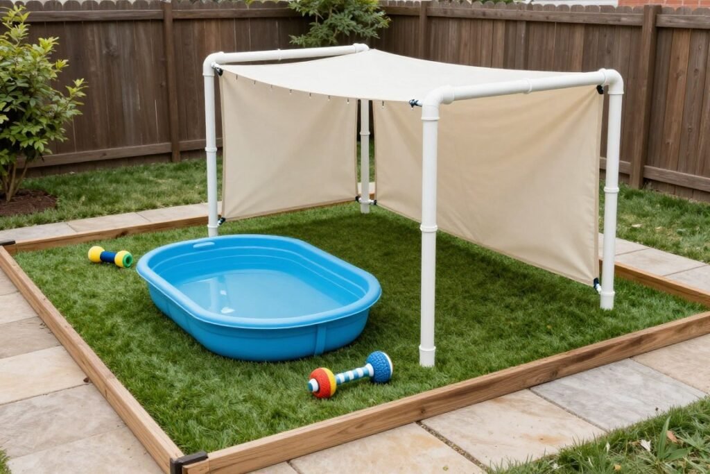 Small pet-friendly area in a budget backyard with artificial turf and shade