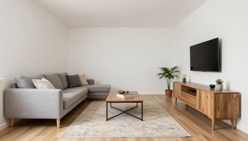 Small rental living room with strategic furniture arrangement maximizing space