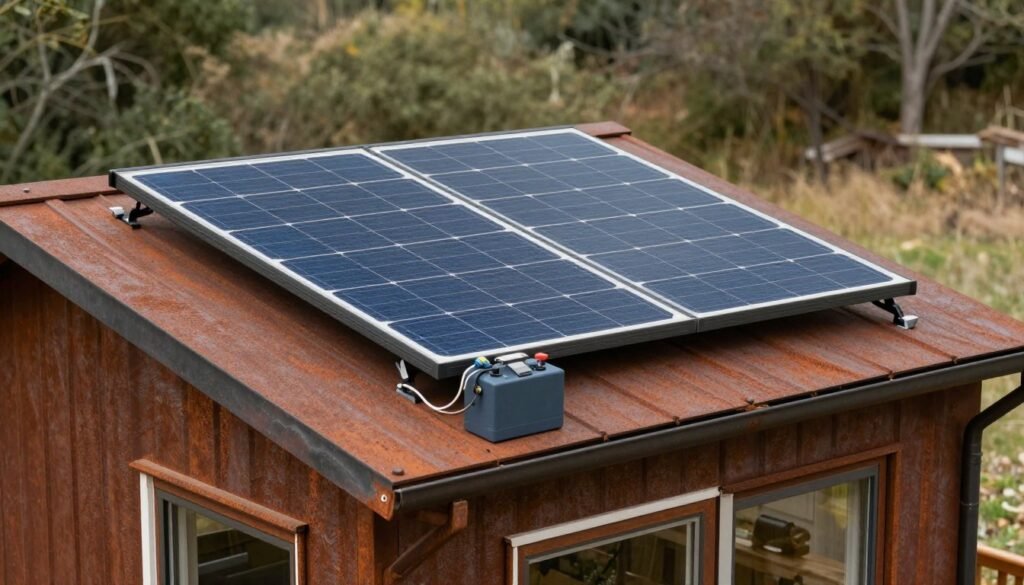 Small solar panel setup powering a budget-friendly off-grid cabin