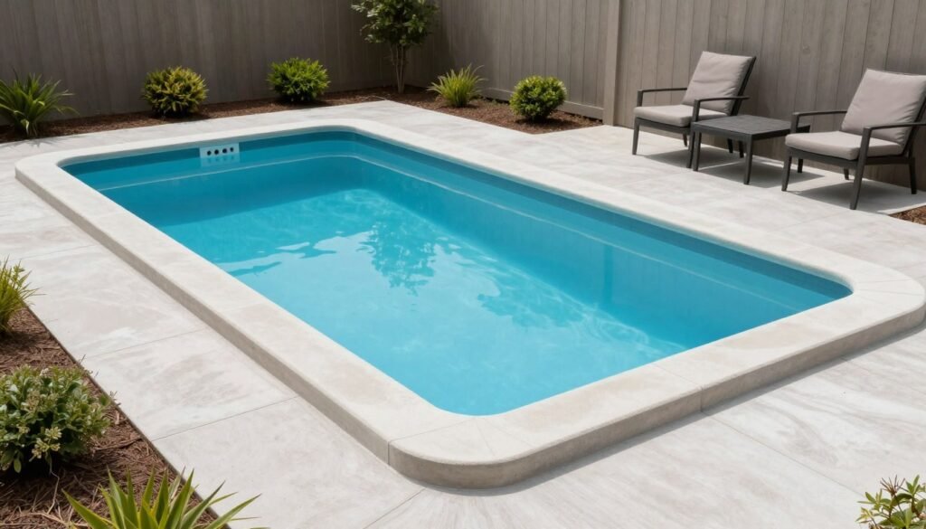 Small vinyl liner inground pool with simple patio furniture and budget landscaping