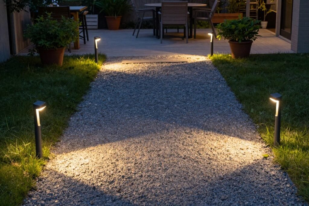 Solar path lights illuminating a gravel pathway to a patio area at dusk