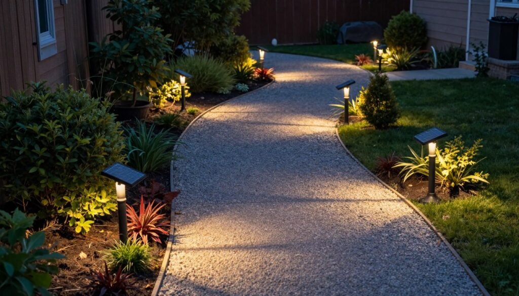 Solar path lights illuminating a small backyard garden path at dusk