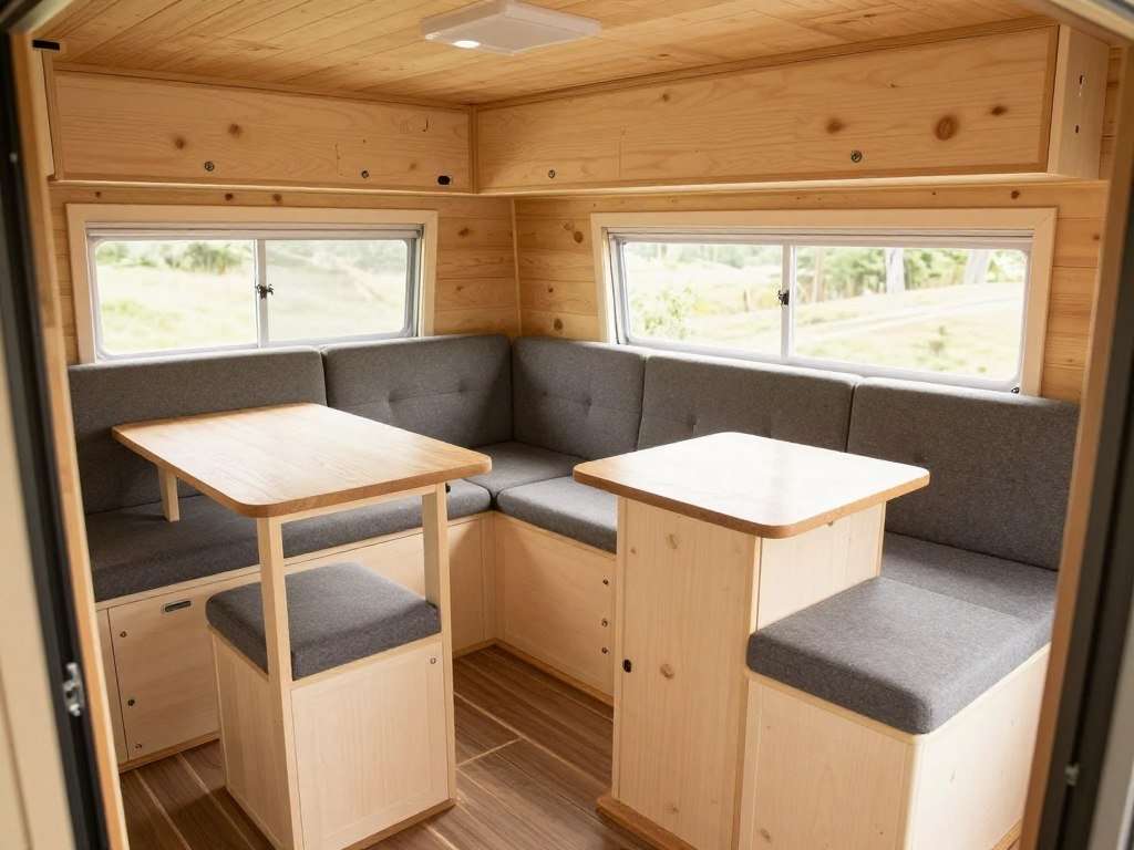 Space-saving furniture in a small cabin interior including multi-purpose pieces