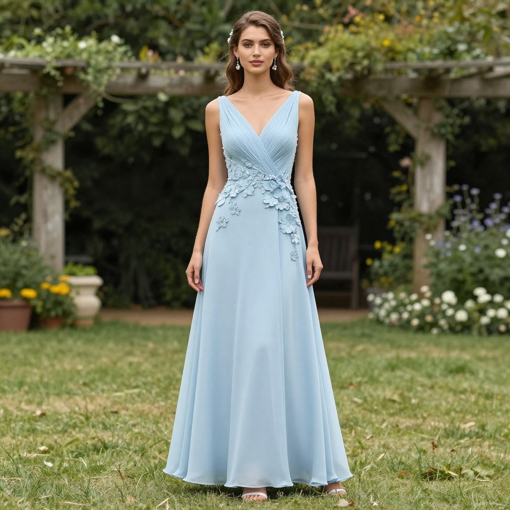 Spring-appropriate light blue wedding guest dress with floral details