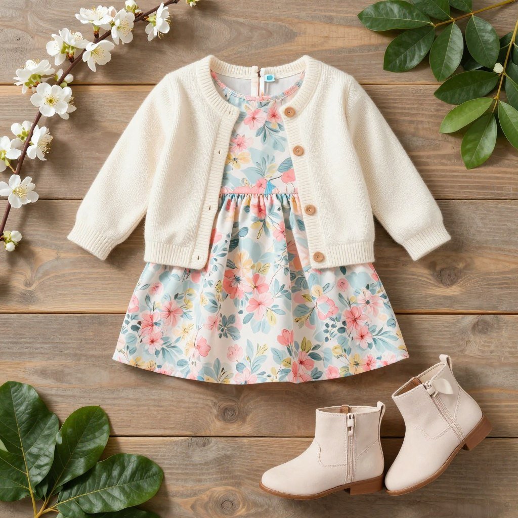 Spring babydoll dress in pastel floral print with light cardigan