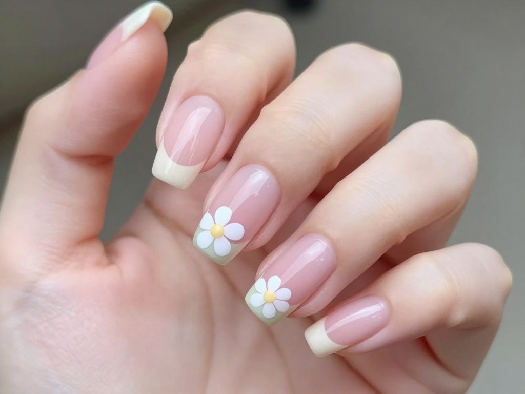 Spring-inspired pastel manicure with delicate floral accent nail