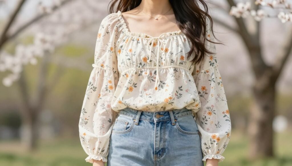 Spring outfit with floral babydoll top paired with light wash jeans