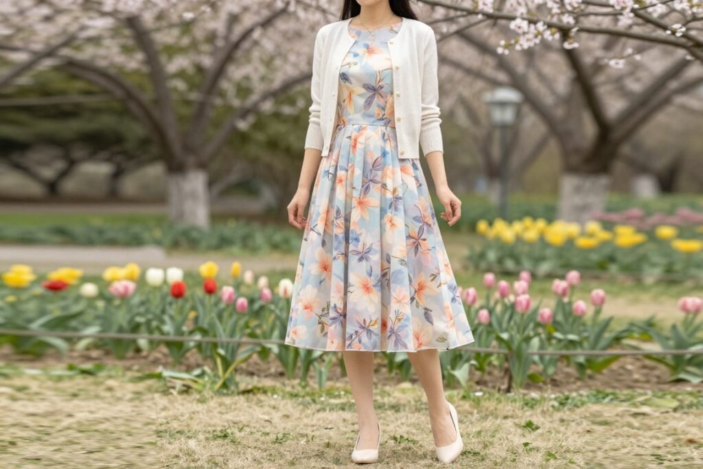 Spring wedding guest outfit with pastel floral dress