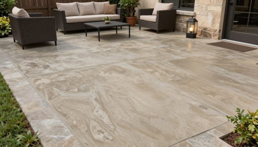 Stamped concrete overlay patio floor that looks like stone on a budget
