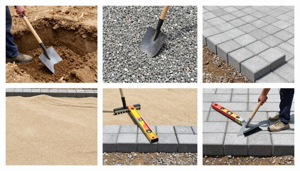 Step-by-step DIY paver installation process showing excavation, base preparation, and paver laying
