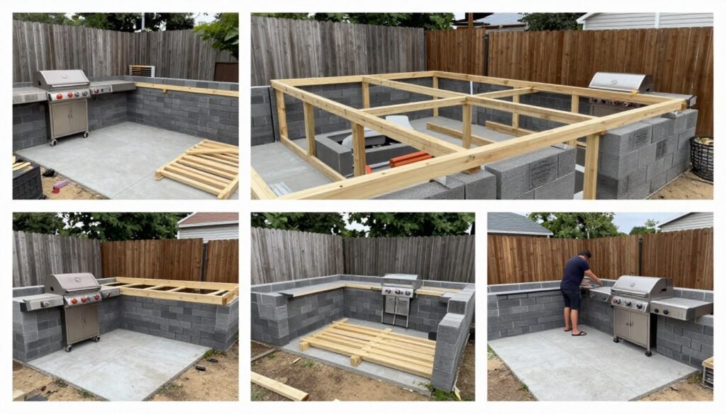 Step-by-step process of building outdoor grill area on a budget showing frame construction
