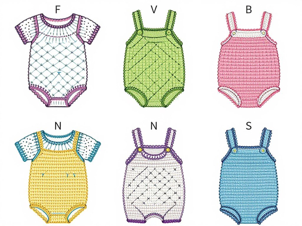 Stitch diagram showing common patterns used in crochet babydoll tops