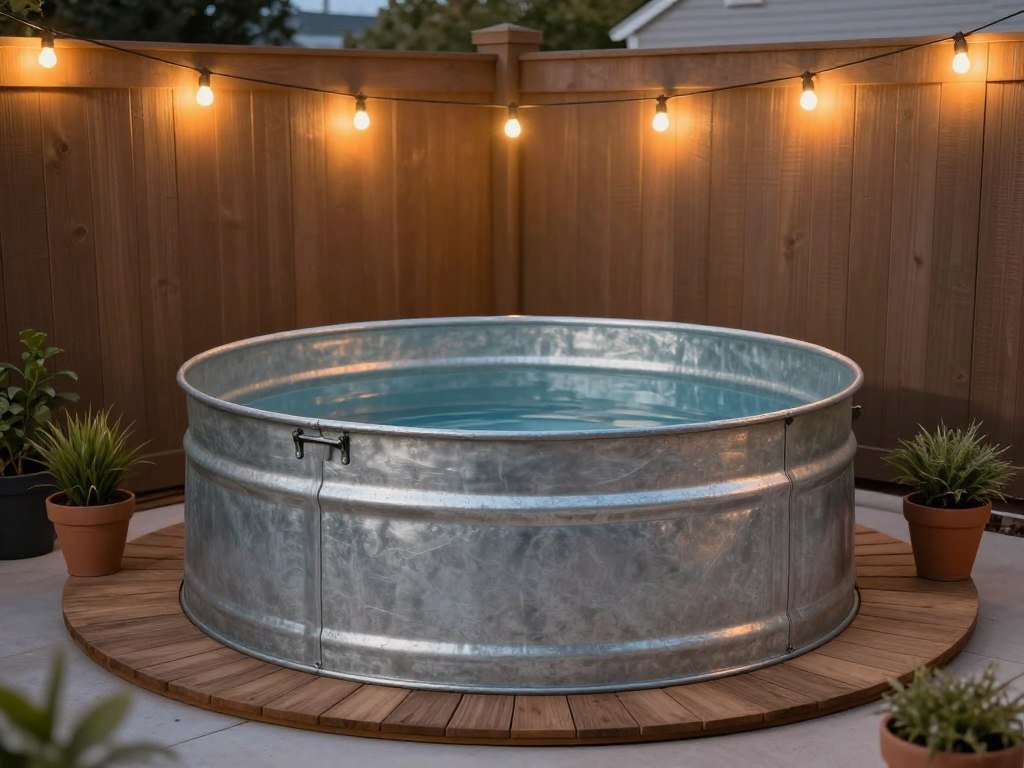Stock tank pool with wooden deck and string lights for budget backyard swimming