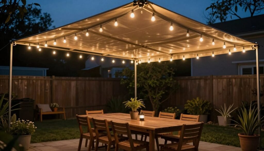 String light canopy over a backyard dining area, easy backyard ideas on a budget
