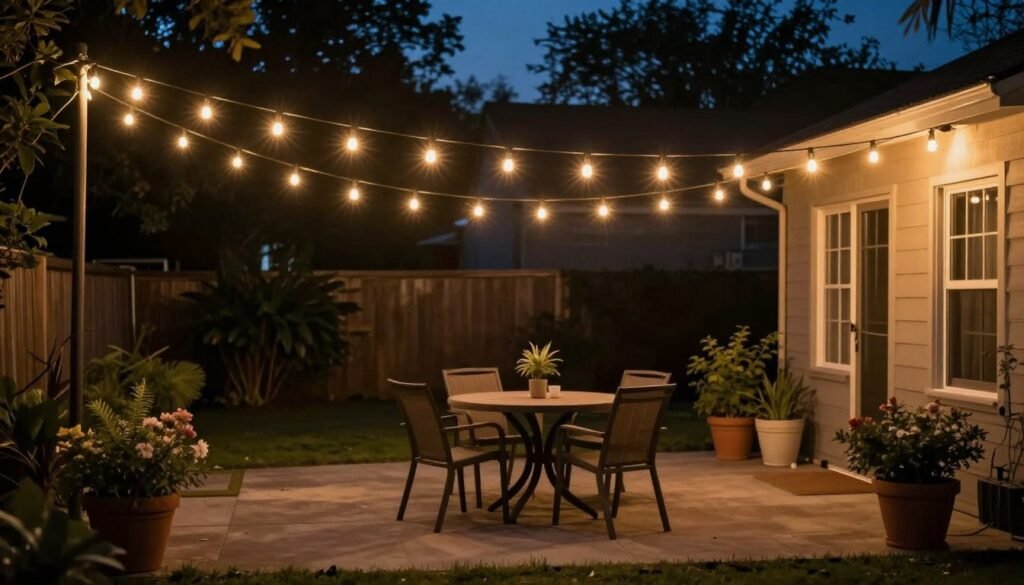 String lights hung over a backyard patio creating a warm ambiance, easy backyard ideas on a budget